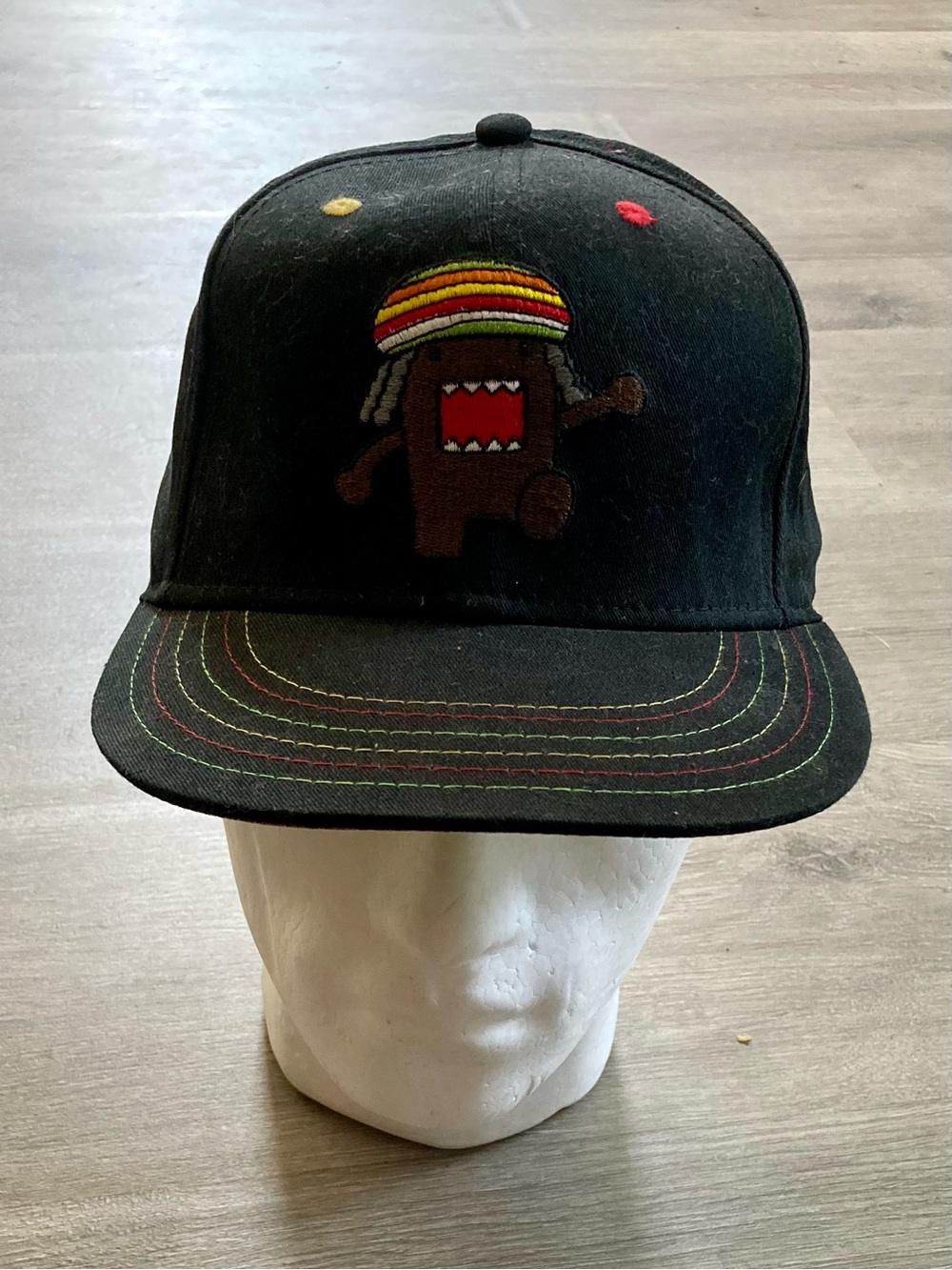 Black Domo Rasta Snapback Hat with red gold green Stitching
